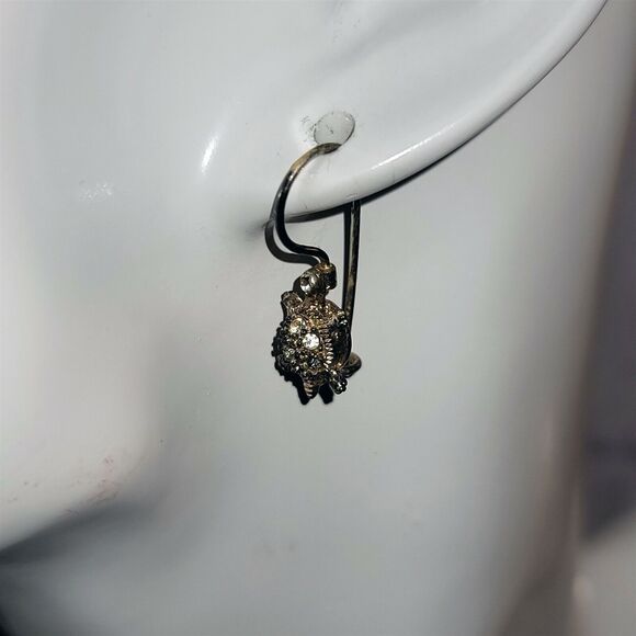 Super Cute Vintage Marsala .925 Sterling Silver Rhinestone Turtle Drop Earrings - Picture 2 of 6